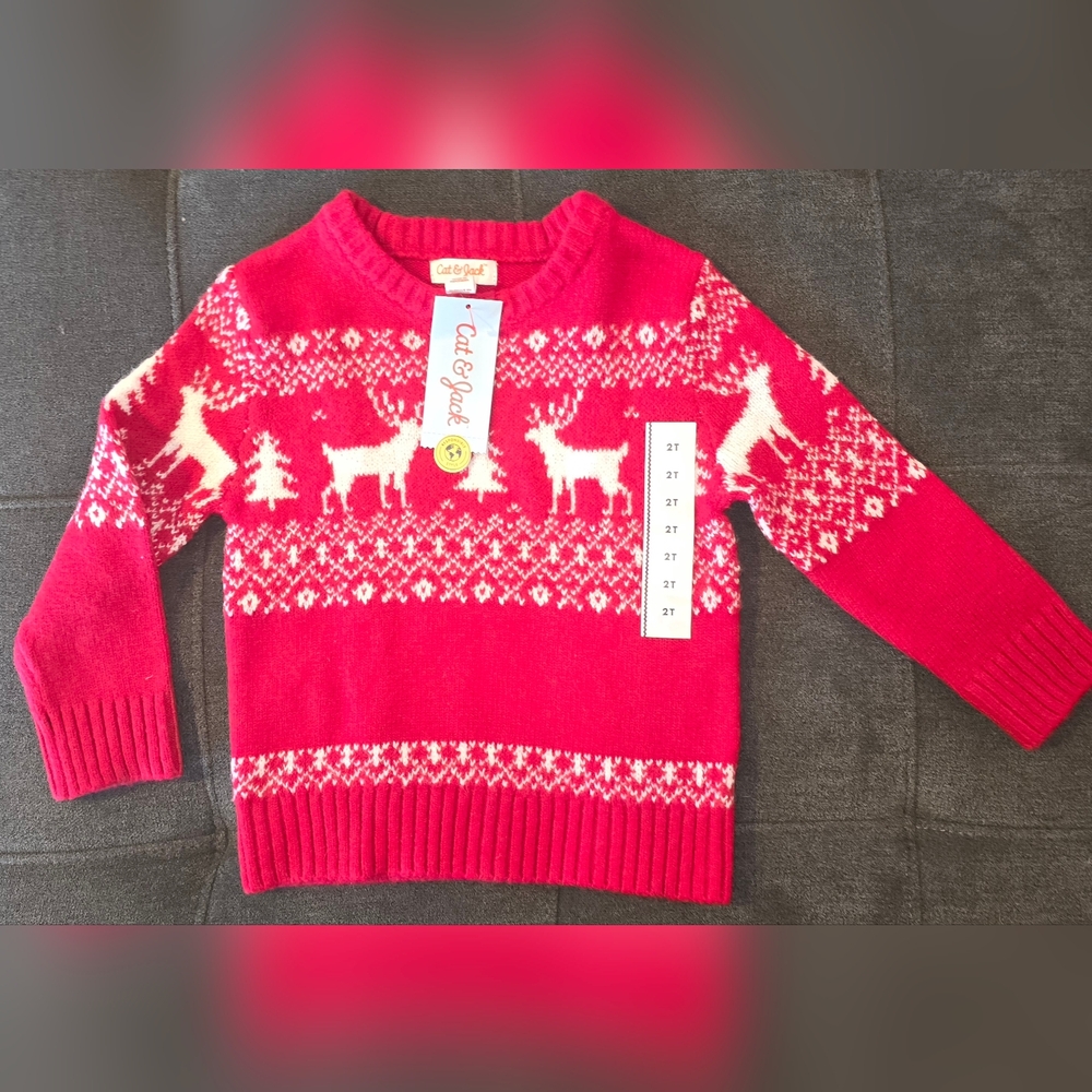 Cat & Jack Bright Red Fair Isle Reindeer Knit Sweater